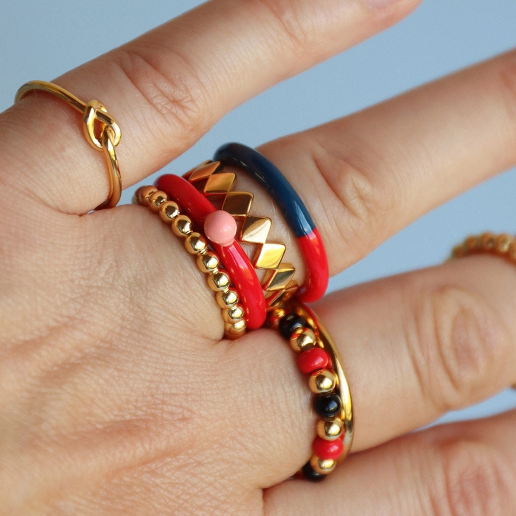 LULU Copenhagen Color Ball Beads Ring Rings Hot Coral/Black/Gold Plated