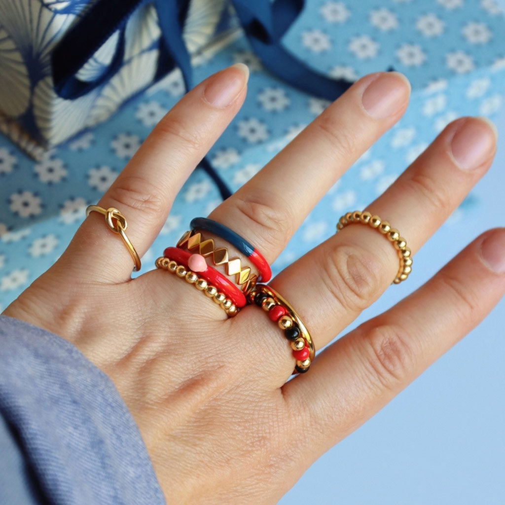 LULU Copenhagen Color Ball Beads Ring Rings Hot Coral/Black/Gold Plated
