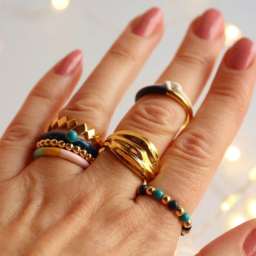 LULU Copenhagen Color Ball Beads Ring Rings Retro Blue/Retro Dark Blue/Gold Plated