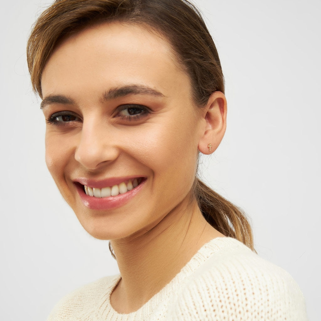 LULU Copenhagen Cross Crystal ørering 1 stk forgyldt Ear stud, 1 pcs Rosa